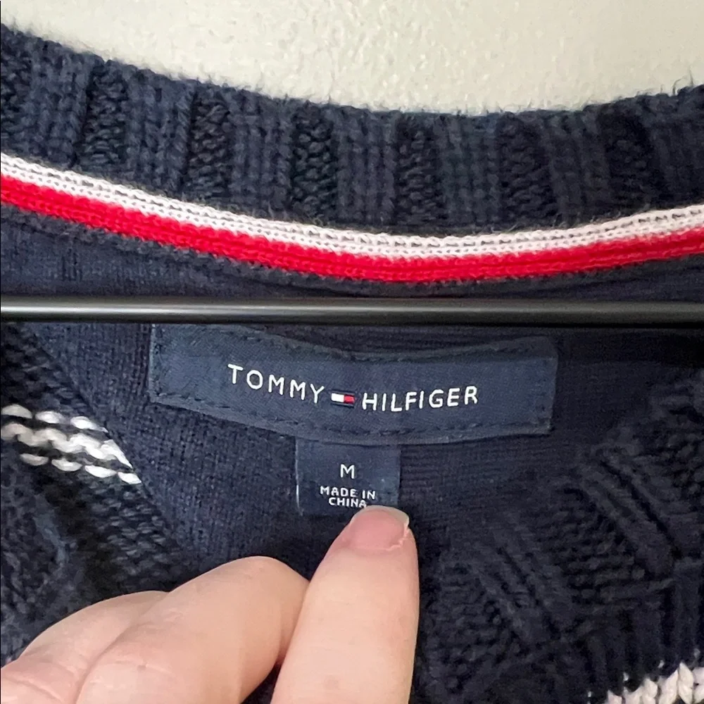 Tommy Hilfiger Logo Intarsia Stripe Sweater Men's Medium Navy and White